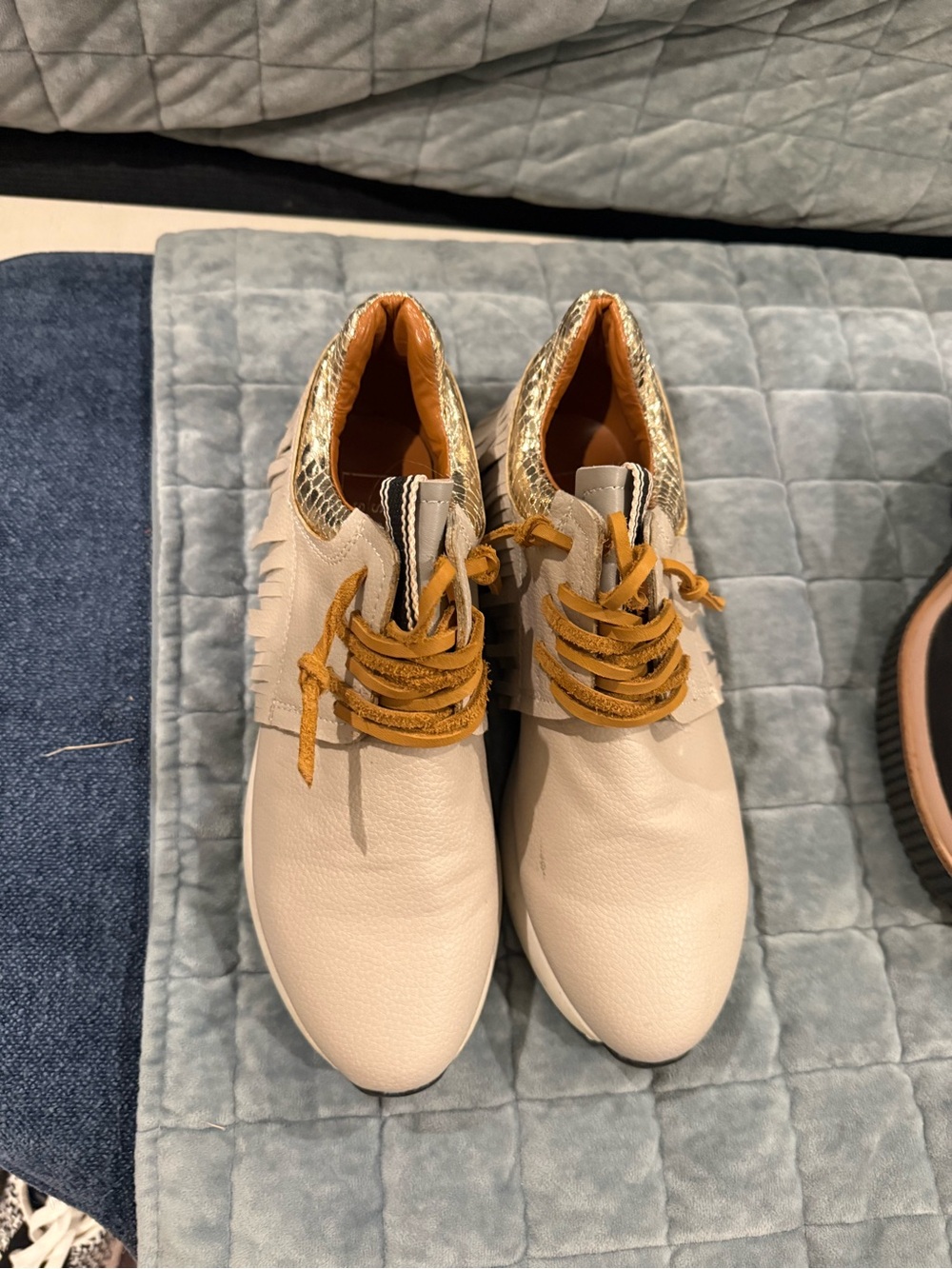 ShuShop Cream Sneakers with Mustard Laces and Metallic Accent